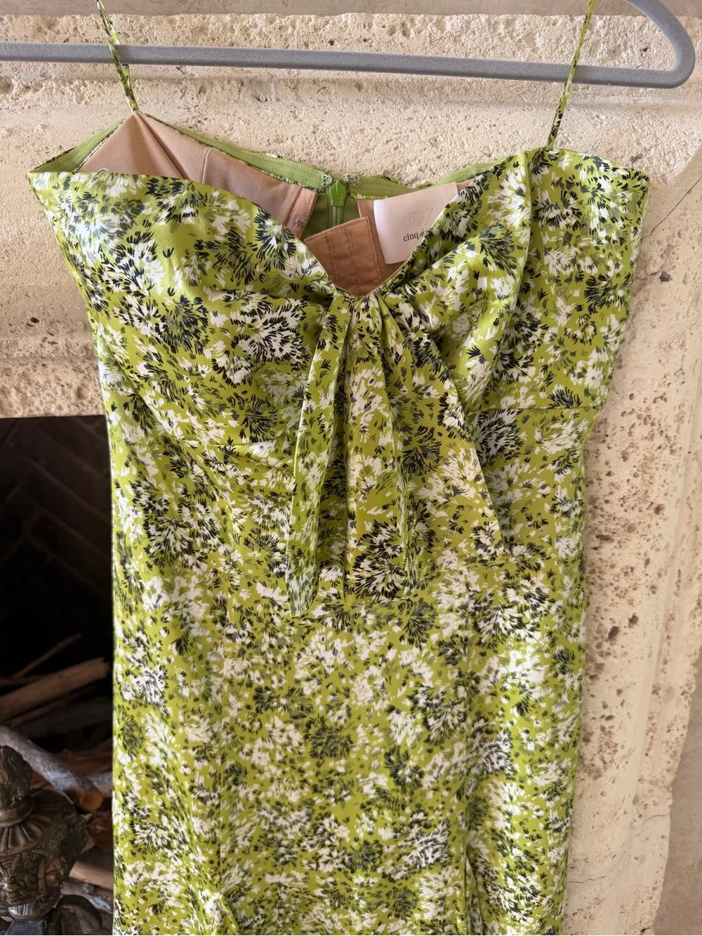Cinq a Cept Green Silk Floral Dress with Spaghetti Straps